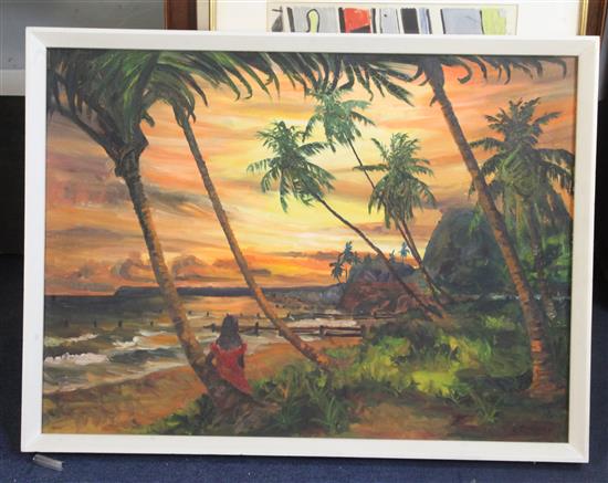 Edwin Hingwan (1932-1976) Trinidad; coastal scene at sunset with woman seated beneath a palm tree 21.5 x 29.5in.